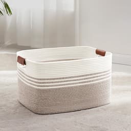 Grote geweven wasmand van katoenen touw, 60 liter opbergmand met leren handvatten, mand voor dekens, kleding, speelgoed, wasmand voor kinderkamer of woonkamer, 53 x 38 x 29 cm, wit en bruin — thumbnail 1