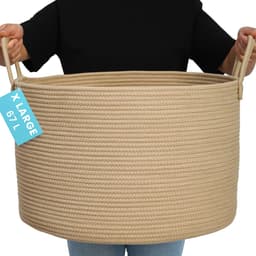 OrganiHaus Ronde Geweven Mand, Geweven Wasmand, Grote Opbergmand, Opbergmand voor Kinderkamer, Opbergmand voor Dekens, Kussens en Speelgoed, Opvouwbaar met Handvat - 50x33cm, Honing — thumbnail 1