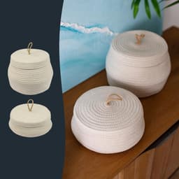 Ronde opbergmand met deksel van katoen voor badkamer, crème, 25,5 x 19 cm, hoog model — thumbnail 5