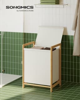 Wasmand – Met bamboe frame – Twee compartimenten – Afneembaar deksel – 100 L – Crèmewit – 45 x 40 x 78 cm — thumbnail 2