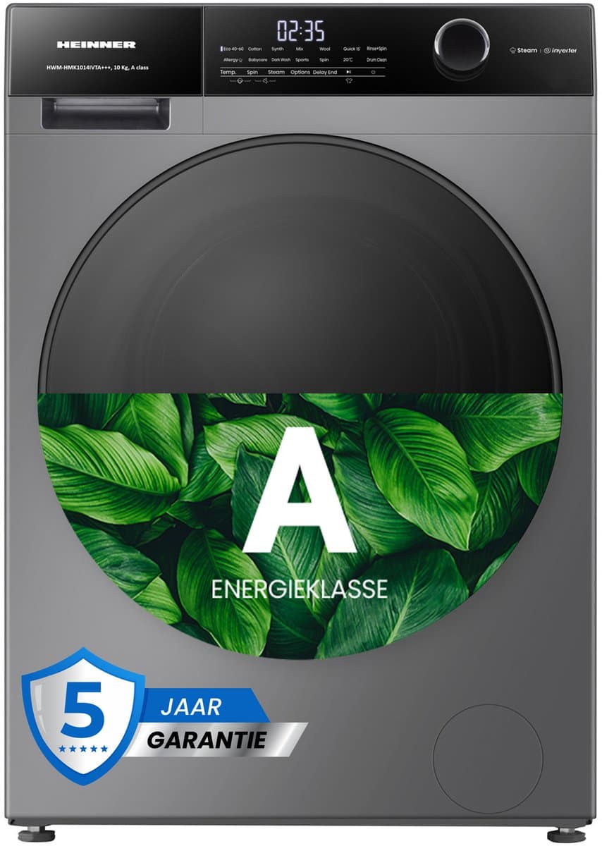 Heinner HWM-HMK1014IVTA+++ Wasmachine 10 kg – 1400 tpm – Inverter motor – Touchbediening – Allergievriendelijk – Energieklasse A – Titanium Grijs – 5 jaar garantie — afbeelding 1