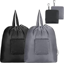 2 Stuks - Reis Waszakken - Opvouwbare Waszak voor op Reis - Wasbare Waszak met Trekkoord en Handvat - voor Studentenhuisvesting, Reizen, Kamperen - Zwart en Grijs (51*57 CM) — thumbnail 1