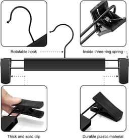 10-pack broekhangers, ruimtebesparende rokhanger met 360° draaibare haak, verstelbare clip, broekhanger, kledinghanger, zwart — thumbnail 4