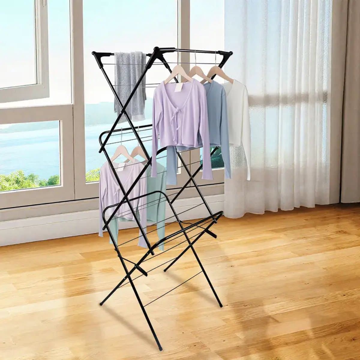Inklapbaar Droogrek met 3 Niveaus – Stevig, Ruimtebesparend & Modern Design – 137 cm Hoog – Zwart — afbeelding 1