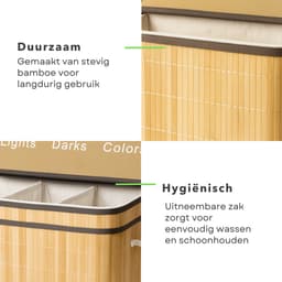 Cheqo® Wasmand 3 Vakken - Wassorteerder - Bamboe Materiaal - Uitneembare Waszak - Licht Donker Kleur - 100 Liter Inhoud - Naturel Kleur - Wasbare Binnenzak - Wasgoed Organizer - Gescheiden Was — thumbnail 4