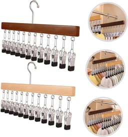 2 stuks - Droogrek - met 12 clips - Kledingrek met meerdere clips - Opbergrek - Hout - Droogrek - Geschikt voor sjaals, sokken en baseballpetten - Ruimtebesparend - Handige opbergruimte in de kast - 38 x 1,5 x 21 cm - Natuurlijk hout, bruin — thumbnail 1