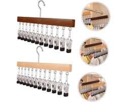2 stuks - Droogrek - met 12 clips - Kledingrek met meerdere clips - Opbergrek - Hout - Droogrek - Geschikt voor sjaals, sokken en baseballpetten - Ruimtebesparend - Handige opbergruimte in de kast - 38 x 1,5 x 21 cm - Natuurlijk hout, bruin — afbeelding 1