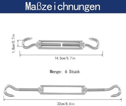 Allecto Plus - Draaibare kabelspanner M6 OC 304 roestvrij staal - Verstelbare draaihaak-oogset - 6-delig - Spanhaak voor luifel touw - Waslijn spannen - Zilver - Heavy duty — thumbnail 2
