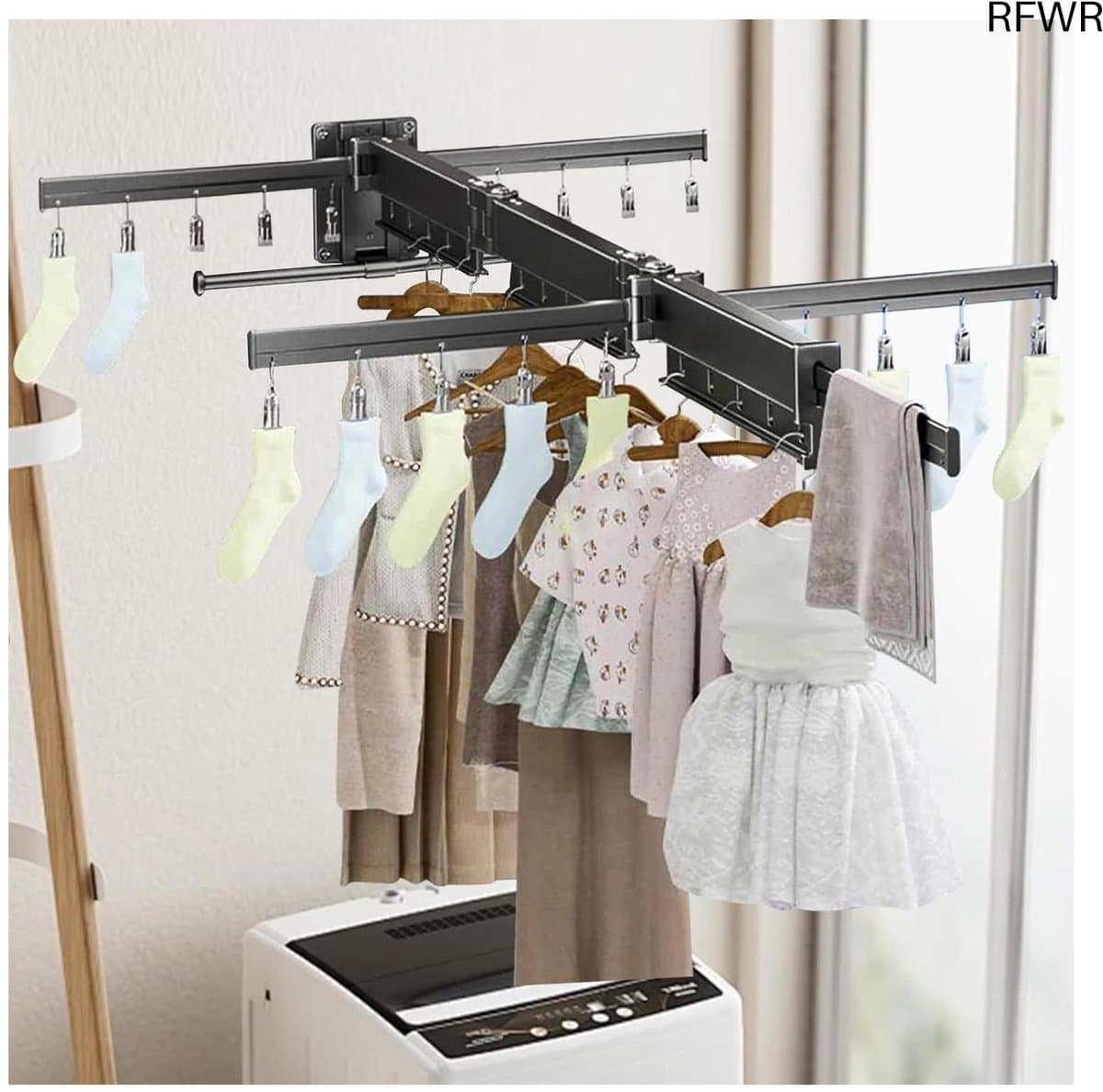 RFWR® Ruimtebesparend wanddroogrek - 124 cm, uittrekbaar met 20 clips - Ideaal voor balkon, badkamer en terras — afbeelding 1