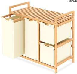 RFWR® Wasmand met 3 Vakken en Plank, 150L, Milieuvriendelijk Bamboe, Beige — thumbnail 1