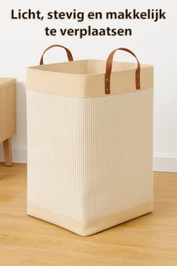 Webzon – Wasmand – Wasmanden – Wasmand inklapbaar – Opvouwbare Wasmand – 30×35×55 cm – Engels design – Jute stof met leren handvatten – Opbergmand – Opvouwbaar en ruimtebesparend – Creme-beige — thumbnail 4