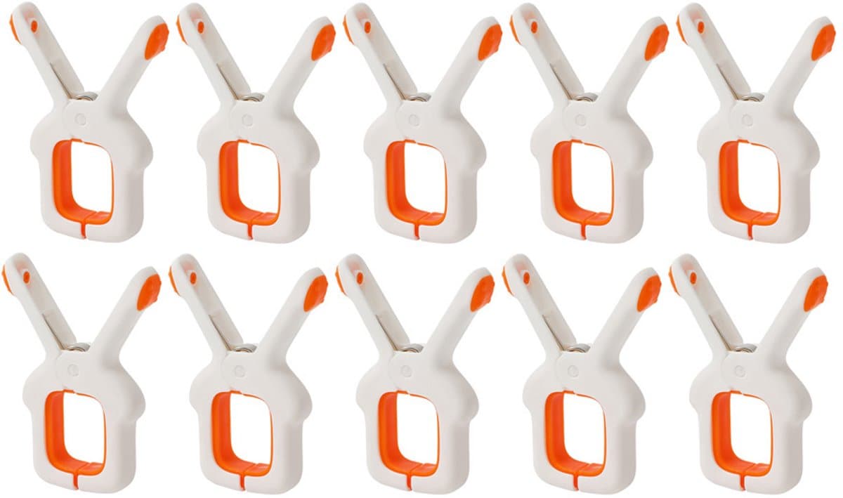 10-stuks Strandhanddoekclips - Wasknijperclips - Diefstalbestendige wasknijperclips - Ligstoelclips - Windbestendig - Geschikt voor binnen- en buitengebruik - Geschikt voor het drogen van handdoeken, kleding en beddengoed - Wit, oranje — afbeelding 1