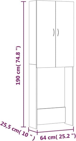 Gecheer Wasmachinekast, 2 deuren en 3 vakken, rek voor wasmachine, ruimtebesparend bovenkast voor wasmachine, wc-rek, betongrijs, 64 x 25,5 x 190 cm — thumbnail 4