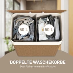 Waskorf - 100L - Wasmand met Deksel - Touw Handvat - Verwijderbare Waszak - Bambus - Bruin — thumbnail 3