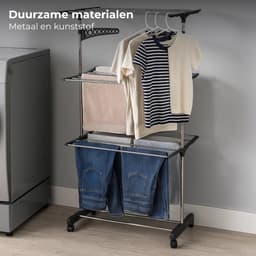 Lomera Inklapbaar Droogrek - Droogtoren Wit - 3 Niveaus - Verrijdbaar Droogrek - Met Zwenkwielen - Ruimtebesparend Wasrek - Droogrek Met Zijvleugels - Stabiel En Stevig - Metaal En Kunststof - Compact Ontwerp — thumbnail 5