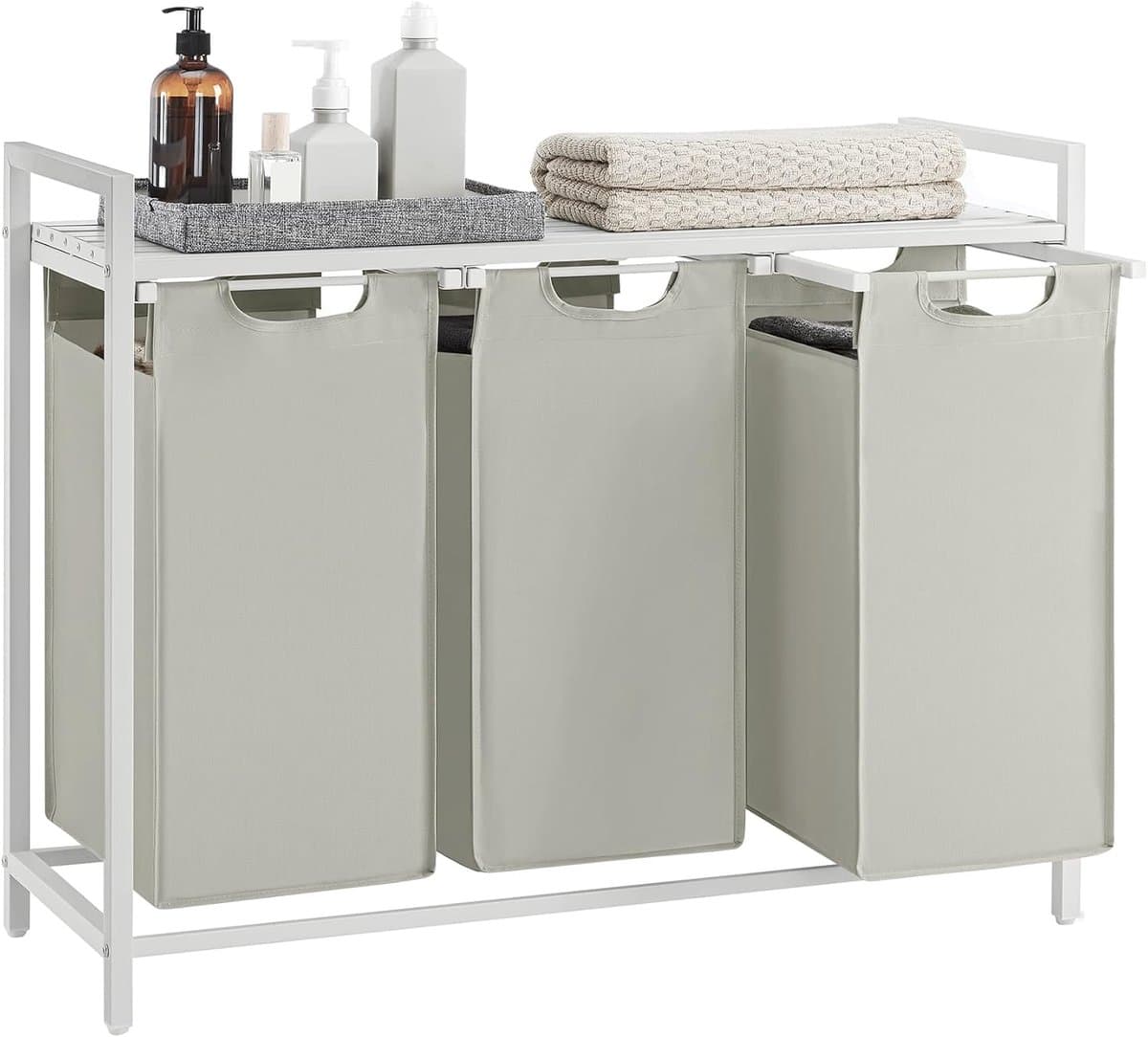 VASAGLE - Wasmand - 114 liter - 3 compartimenten - wasmeubel / wasverzamelaar met plank - Oxford-stof - verwijderbaar metalen frame - 3 x 38 L - 92,5 x 33 x 72 cm - wit — afbeelding 1