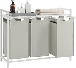 VASAGLE - Wasmand - 114 liter - 3 compartimenten - wasmeubel / wasverzamelaar met plank - Oxford-stof - verwijderbaar metalen frame - 3 x 38 L - 92,5 x 33 x 72 cm - wit — thumbnail 1