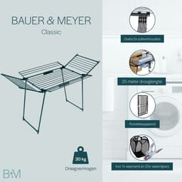 BAUER & MEYER® Droogrek Classic - Wasrek Inklapbaar - Incl. 20 wasknijpers + 1x wasmand - 25 Meter drooglengte + 30kg draagkracht - Zwart — thumbnail 3