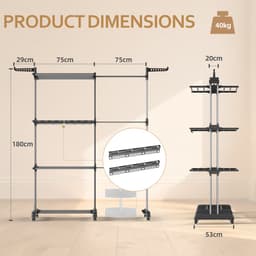 Soontrans Metalen Wasrek Met Wielen – Inklapbaar & Uitschuifbaar, 3 Verdiepingen Droogtoren 66x50x170cm, Multifunctioneel Voor Binnen/Buiten/Balkon, Stevig en Langleven, Inclusief 2 Sokkenclips en 1 Dubbellaagse Droogmand (Grijs) — thumbnail 3