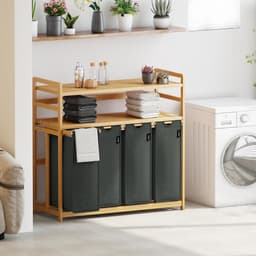 Quvo® Wasmand 4 Vakken - Wassorteerder - Wasmand - Bamboe Frame - Donker Grijs - 103cm x 42cm x 101cm — thumbnail 4
