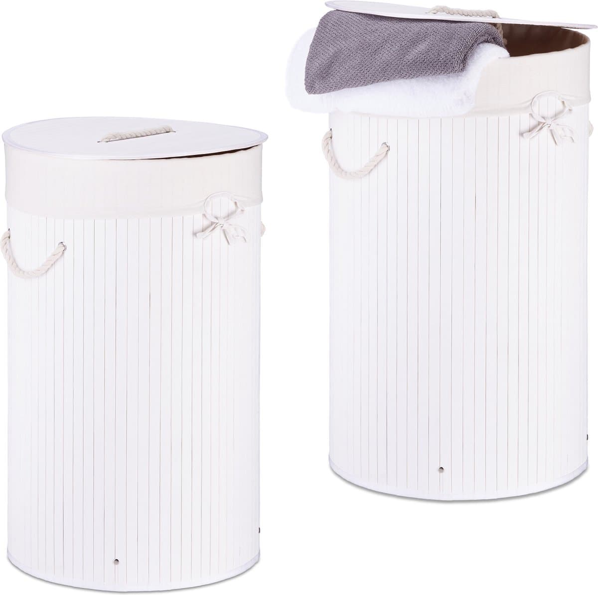 2x wasmand bamboe - wasbox met deksel - 70 liter - rond - 65 x 41 cm - wit — afbeelding 1