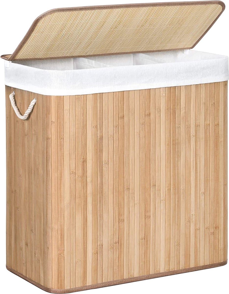 Hoppa! Wasmand, 150L, wasbox met deksel, wassorteermachine, van bamboe, met handvatten, 3 compartimenten, opvouwbaar, katoen, waszak machinewasbaar, wasruimte, Natuurlijk — afbeelding 1