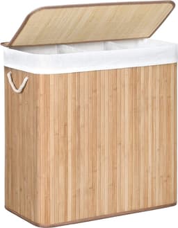 Hoppa! Wasmand, 150L, wasbox met deksel, wassorteermachine, van bamboe, met handvatten, 3 compartimenten, opvouwbaar, katoen, waszak machinewasbaar, wasruimte, Natuurlijk — thumbnail 1