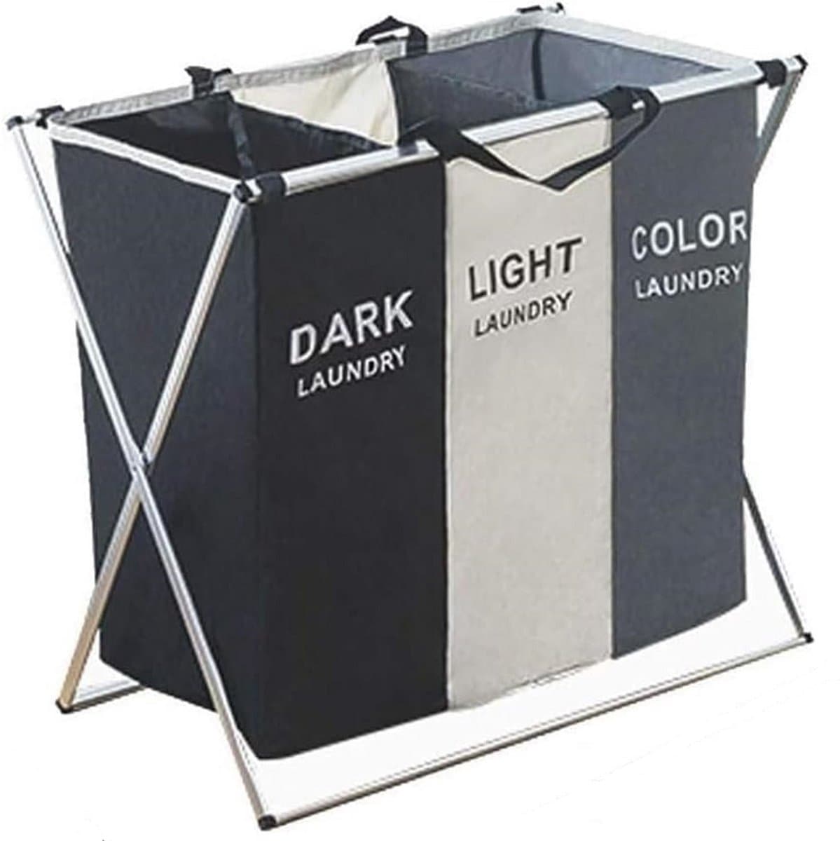 PolkaHome Opvouwbare wasmand met 3 compartimenten – met duurzame waterafstotende Oxford-stoffen zakken. Voorzien van een stevig aluminium frame. voor het sorteren van donkere, lichte en gekleurde was. Geschikt voor thuisgebruik en studentenkamers — afbeelding 1