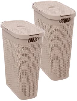 5Five Smalle Wasmand met deksel Rotan - 2x - beige - gevlochten kunststof - 40 liter - 26 x 46 x 60 cm — thumbnail 1