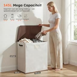 JCP® Wasmand - 145L - Wasmand 2 Vakken - Wasmand met Deksel - Gebroken Wit - 58cm x 38cm x 67cm — thumbnail 5