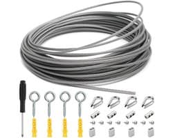 SnelShoppen - 15 m RVS Kabel 2 mm met Aluminium Sleeves, Kabelklemmen en M2 Kabel, Geïsoleerd voor Klimhulp, Waslijn, Klimplant Rope, Buiten, Tuin
