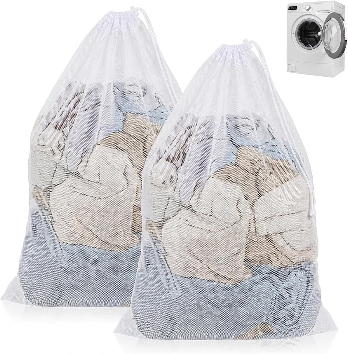SnelShoppen - Waszakken 2-Piece, 70x90 cm Grote Wasnetten voor Wasmachine met Trekkoord, Fijnmazige Waszak voor Beddengoed, Knuffels en Opslag, Wit — afbeelding 1