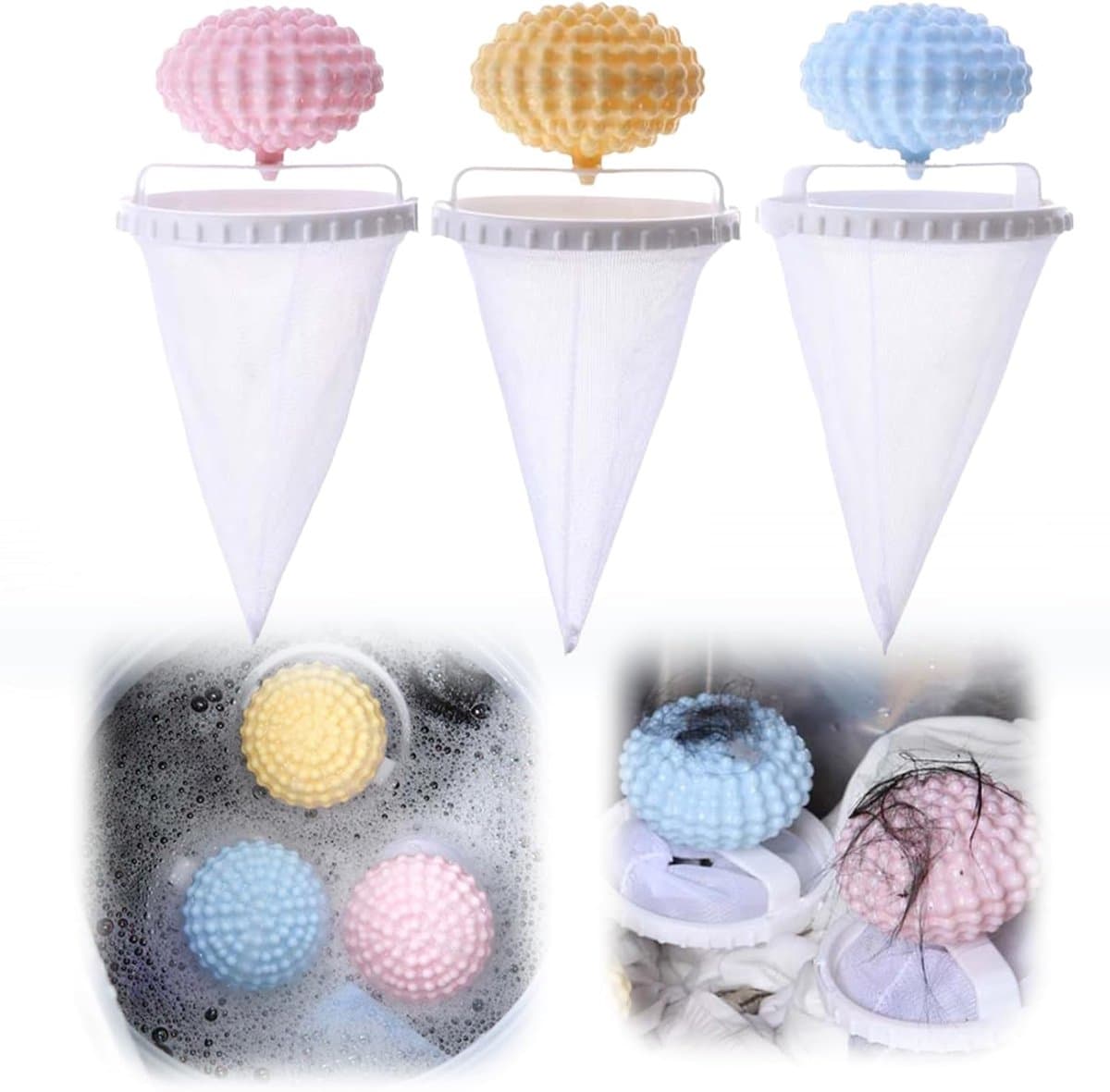 3 stuks-Wasbal - Haarfilter voor wasmachine - Filterzak voor wasmachine - Drijvend haarfilter - Wasmachine-accessoires - Geschikt voor wasmachines - Blauw - Roze - Geel - 9,2 × 9,2 × 19 cm — afbeelding 1