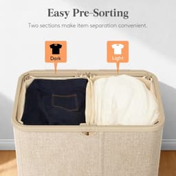 Wasmand met Deksel, Laundry Basket met Verwijderbare Zakken, Grote Opvouwbaar Wasmanden 2 Vakken voor Waskamer, Slaapkamer, Badkamer, Slaapzaal, 145L, Beige — thumbnail 4