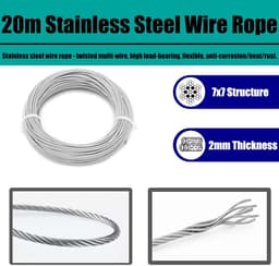 SnelShoppen - 304 RVS Kabel Set 20 m x 2 mm, 10 Aluminium Klemmen, 10 Kabelbinders, 2 Verstelbare Haakjes, Perfect voor Waslijn en Doe-Het-Zelf Projec — thumbnail 4