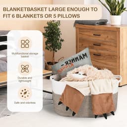 Thijox - Extra grote opbergmand van duurzaam geweven katoenen touw voor wasgoed, woonkamer, slaapkamer, speelgoed, schoenen, handdoeken, wit en kaki, — thumbnail 2