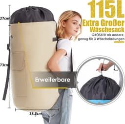 SnelShoppen - Waszak XXL 115 liter, Vuile Was Tas met 2 Gevoerde Schouderbanden, Opvouwbare Opbergzak, Kledingtas voor Reizen, Plunjezak en Rugzak in — thumbnail 4