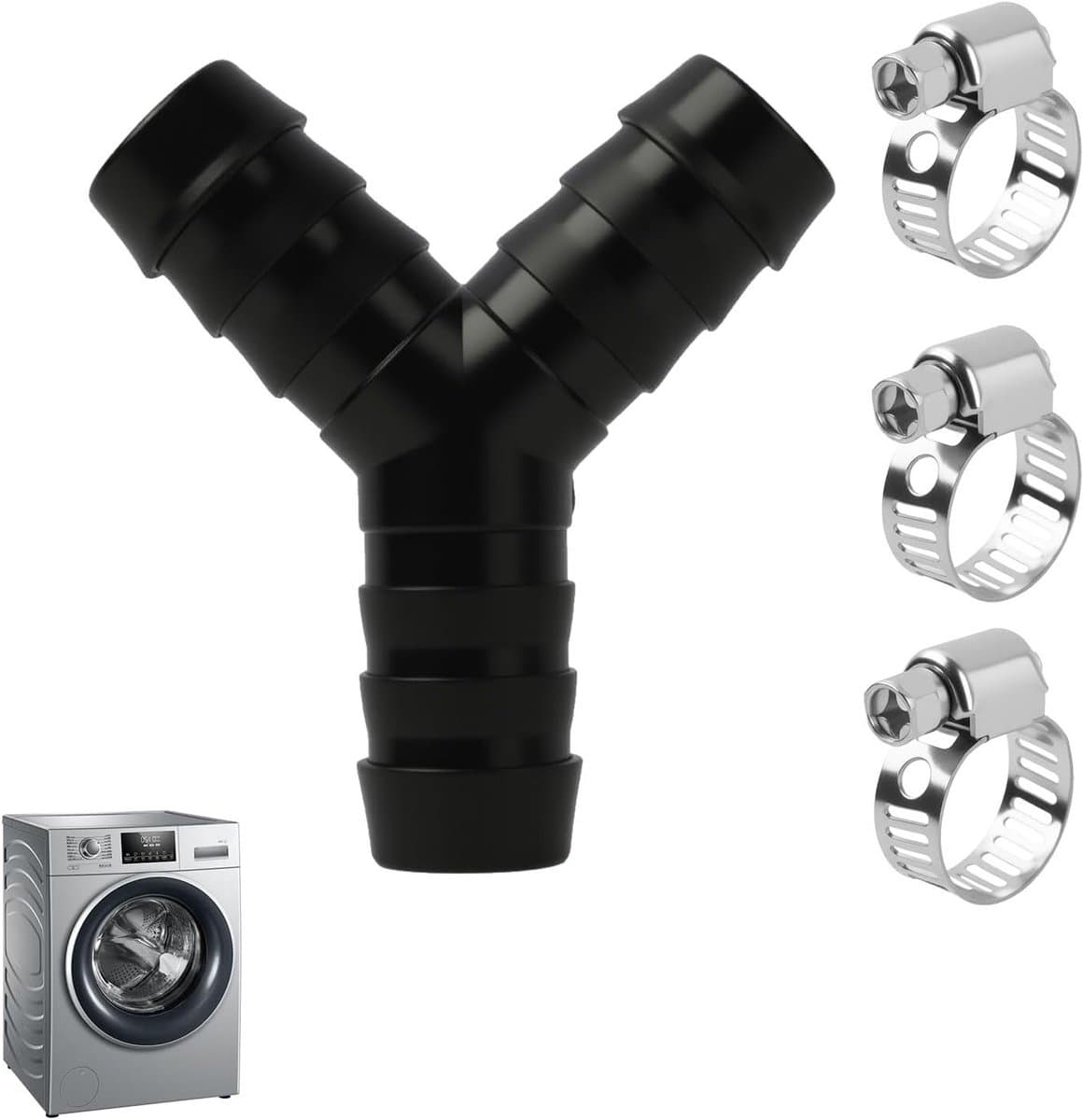 Y-distributor - 2 manieren - aansluiting voor wasmachine - 2-way Y-distributor - voor afvoerpijpen - geschikt voor wasmachines en vaatwassers - inclusief 3 klemnippels - diameter 19 mm — afbeelding 1