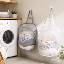 2 stuks wasmand hangend, wasmand klein (wit, grijs) | Opvouwbare wasmand, hangmand, netmand, opslag, inklapbaar, hangende opbergmand voor thuis, hotel, reizen, camping — thumbnail 4