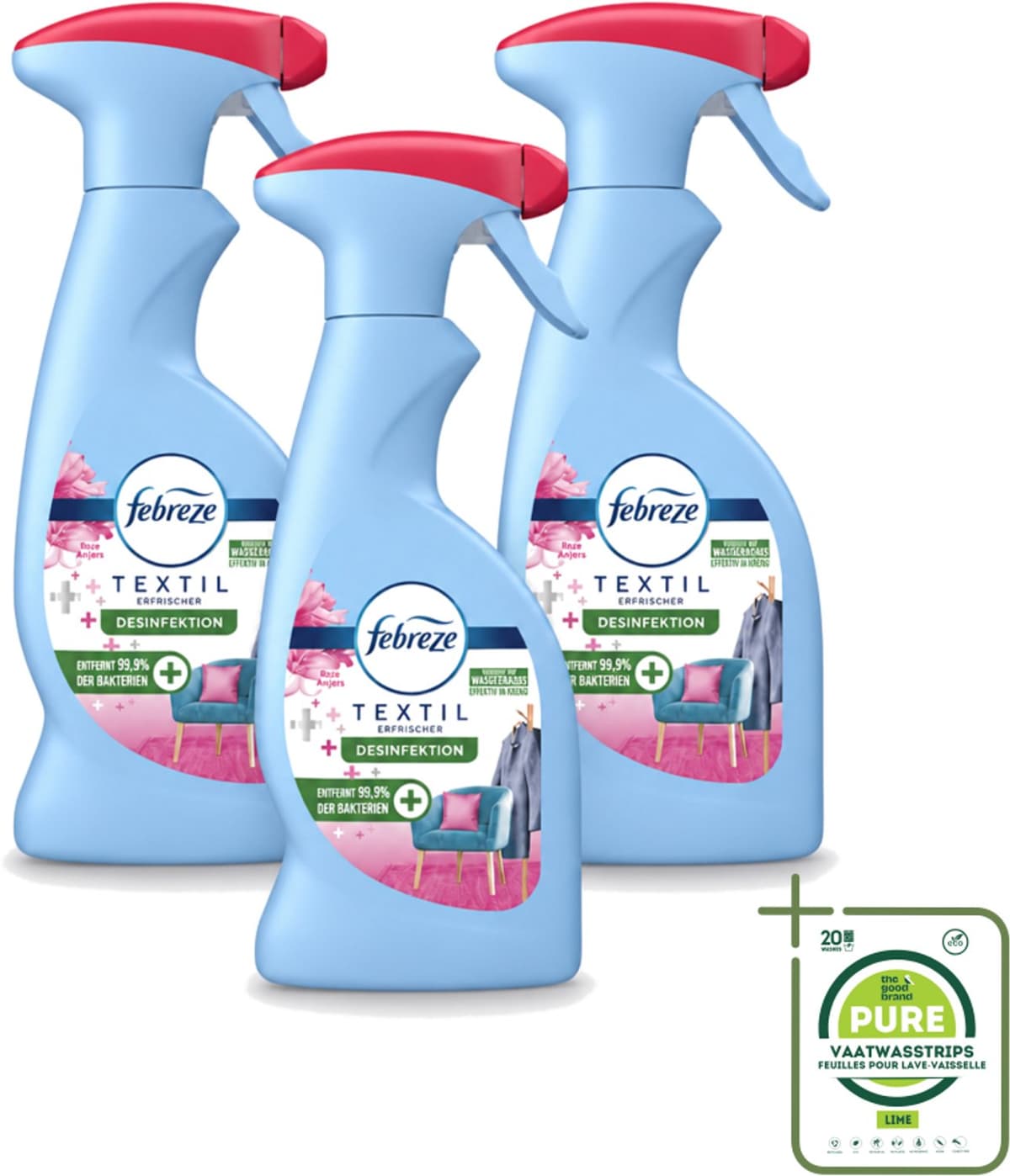 3 x Febreze – Textielspray – Roze Anjers – 375 ml - Grootverpakking - Vaatwasstrips - Textielgeur - Textielverzorging - Geurverwijdering - Textielspray - Roze Anjers — afbeelding 1