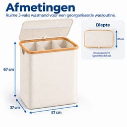 YYchan Wasmand 3 Vakken-Wasmand Met Deksel-Wassorteerder Bamboe-Oxford-Stof-Laundry Basket-Classificatielabel-Beige-145L — thumbnail 2