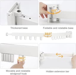Inklapbaar Wanddroogrek met 12 Ophanghaken - Kledingrek voor Balkon, Badkamer, en slaapkamer - 90 cm Uittrekbaar — thumbnail 3