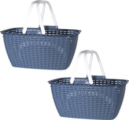 Wasmand met hengsels - 2x stuks - blauw/wit - 26 liter - L43 x B30 x H21 cm - boodschappenmand — thumbnail 1