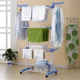 Wasrek met wieltjes - Kledingdroger toren - Ruimtebesparend drogen - Inklapbaar met zijvleugels - 170 cm hoog - Blauw — thumbnail 4