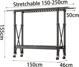 Opvouwbare droogmolen - Verplaatsbare droger - Kleding drogen - Extra hoge droogruimte - 150-250 cm - Zwart — thumbnail 2