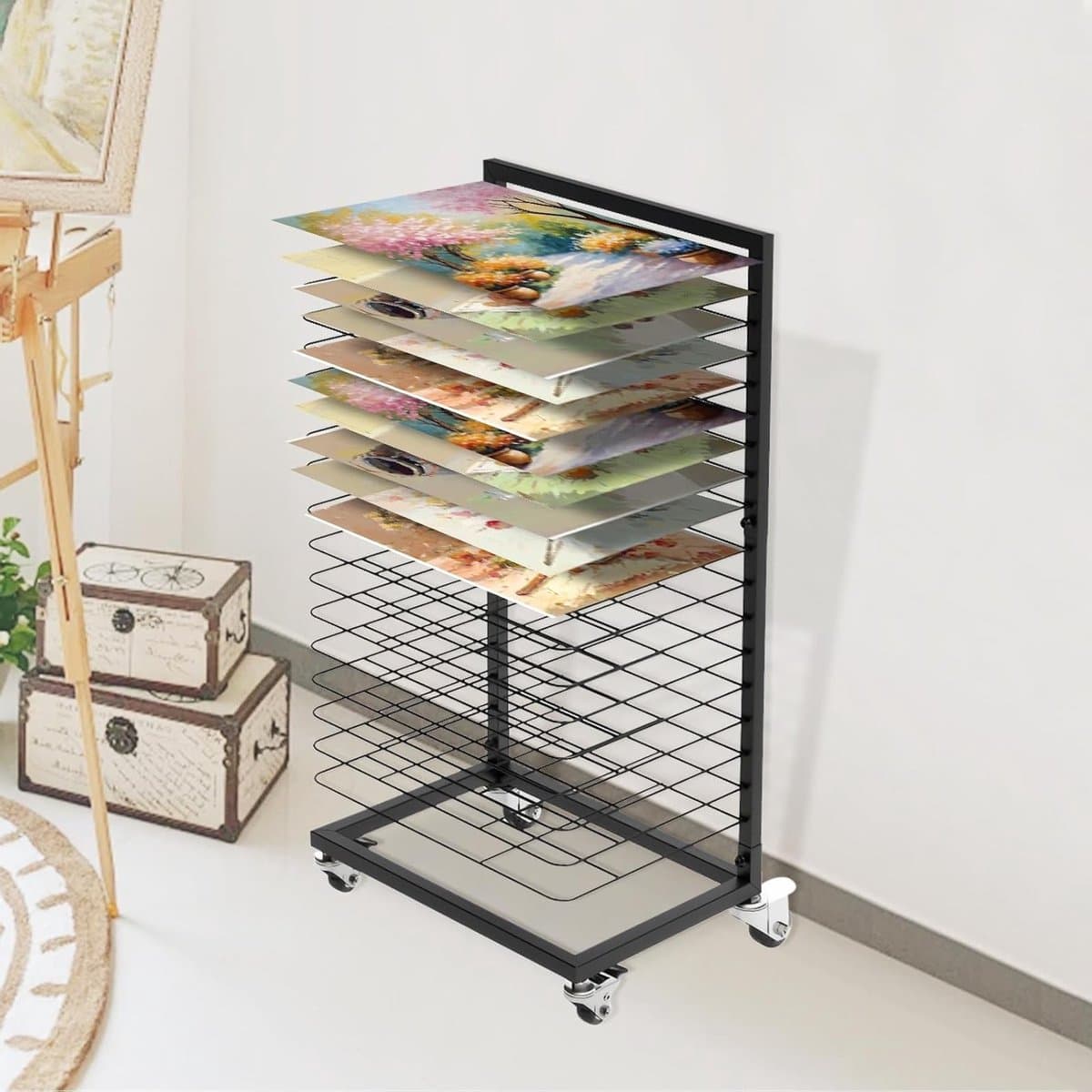 Functioneel foto droogrek met vergrendelbare wielen en 18 verwijderbare planken voor kunst en afdrukken — afbeelding 1