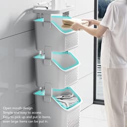 Dailygoods- Wasmand met Wielen - Wasmand 3 Vakken - Wasmand met Deksel - Wassorteerder - Huishoud Organizer - PP/ABS Constructie - Wascontainer — thumbnail 4