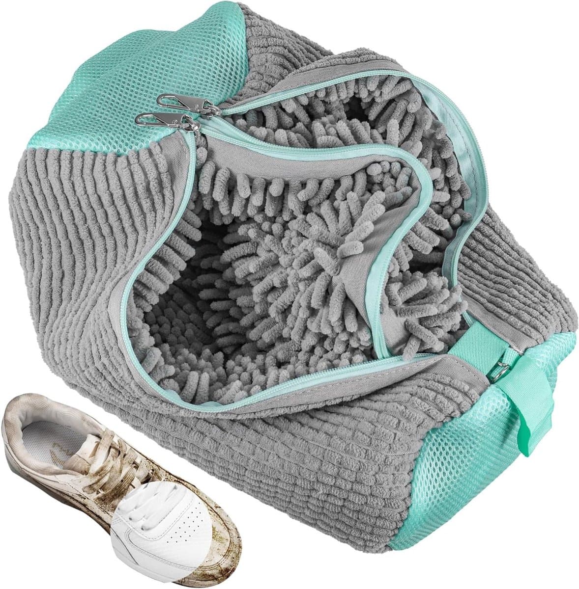 2-in-1 Schoenwaszak voor de Wasmachine, Herbruikbare Waszak voor Schoenen met Rits en 360° Reiniging, Ideaal voor Sneakers en Sportschoenen, Grijs — afbeelding 1
