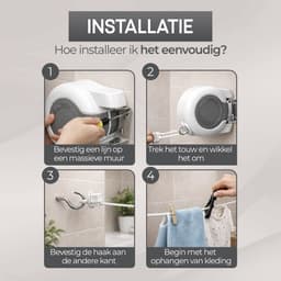 Aydin Online® Uittrekbare Waslijn 2x15 Meter – Dubbele Clothesline voor Binnen & Buiten – RVS Windbestendige Waslijn – Wandmontage met Bevestigingsset — thumbnail 2