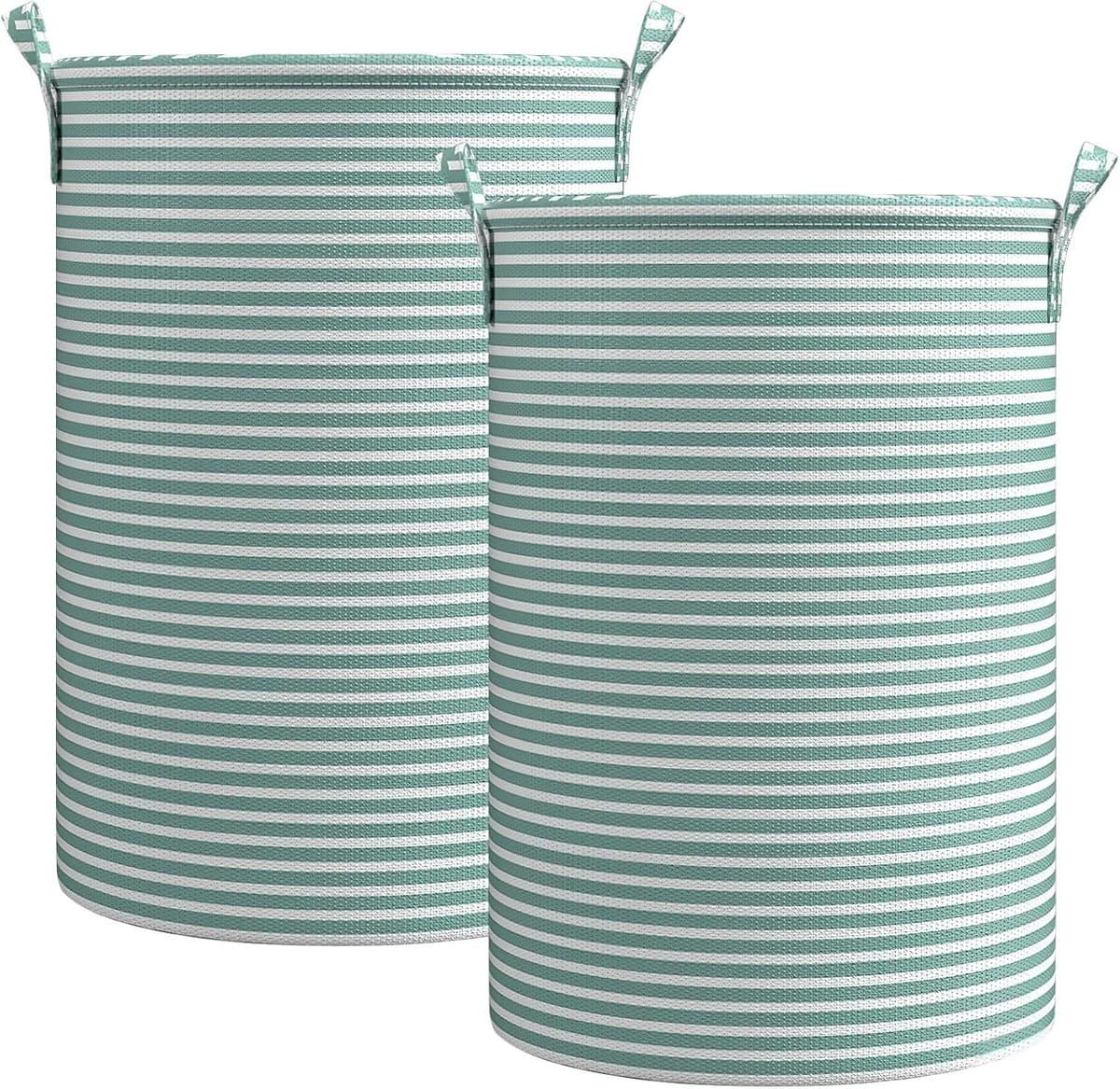Wasmand Opbergmand Opvouwbaar - Set van 2 - XXL Formaat - Stoffen Wasmand - Voor Wasgoed Speelgoed en Kleding - Groen Gestreept — afbeelding 1